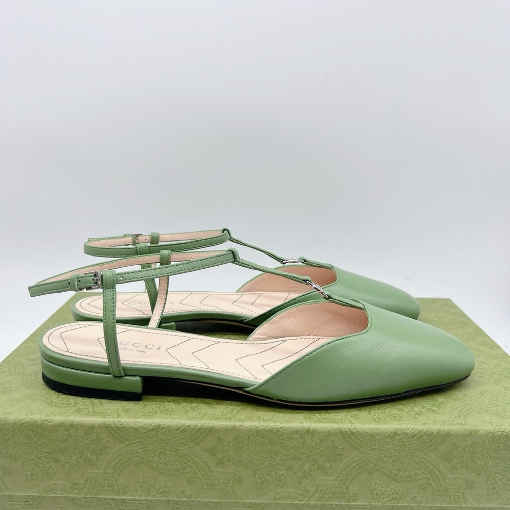 GUCCI Women Ballet Flat DOUBLE G INTERLOCKING LOGO Slingback Green Leather EU 36 - Picture 5 of 11